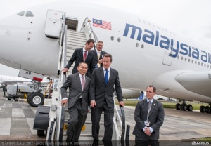 UK prime minister Cameron visits Malaysia Airlines A380 at Farnborough