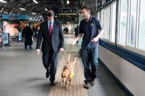 Rail boss walks blindfolded to raise awareness of first railway station guided path
