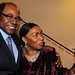 Jamaica Tourism minister Ed Bartlett celebrates with Boney M singer Marcia Barrett