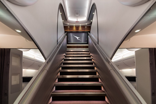 Qantas A380 upper deck lounge staircrase