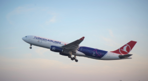 UEFA Champions League themed aircraft of Turkish Airlines is in the skies