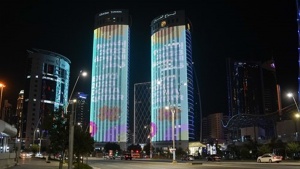 Doha illuminated in Expo 2023 Doha colours marking the countdown