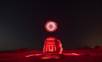 Sculptures of light draw the skies above the ancient UNESCO World heritage Site of Hegra in AlUla