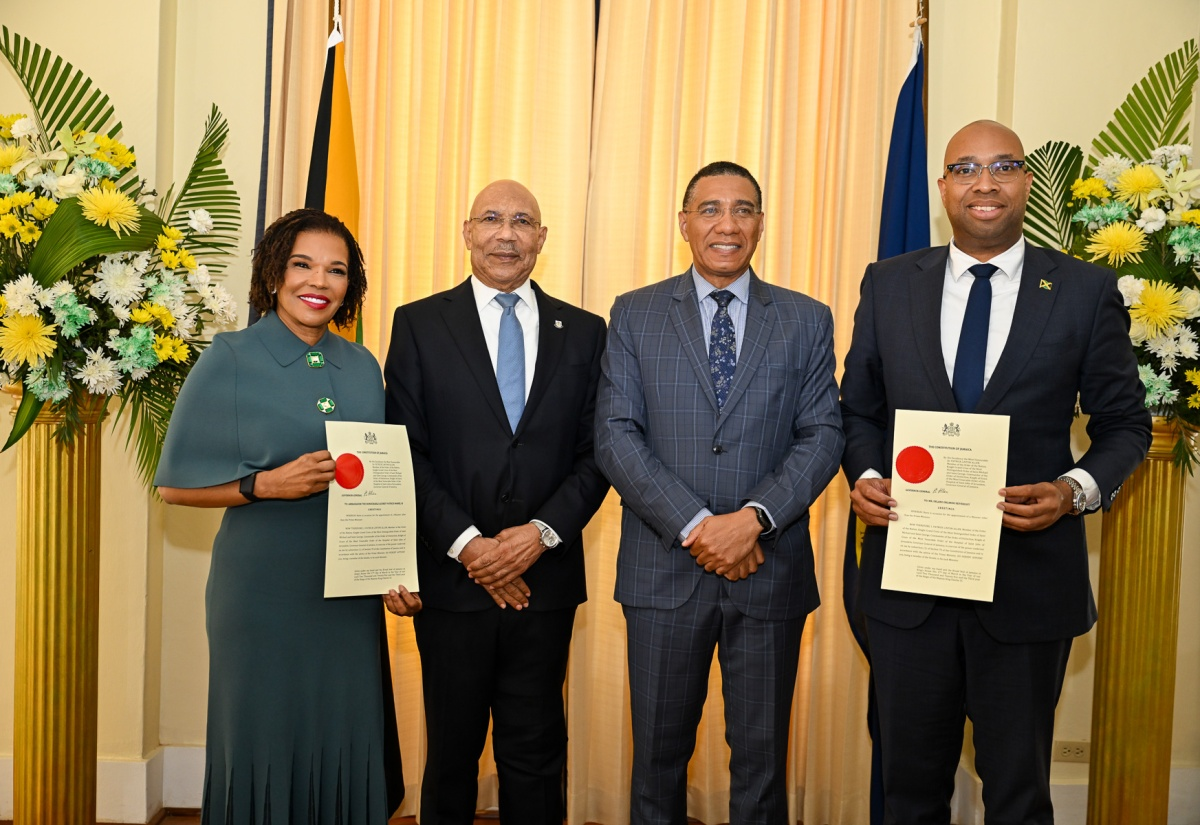 Governor-General, His Excellency the Most Hon. Sir Patrick Allen (second left) and Prime Minister, Dr. the Most Hon. Andrew Holness (second right), share a moment with Senators, Hon. Ambassador Audrey Marks and Hon. Delano Seiveright (right)