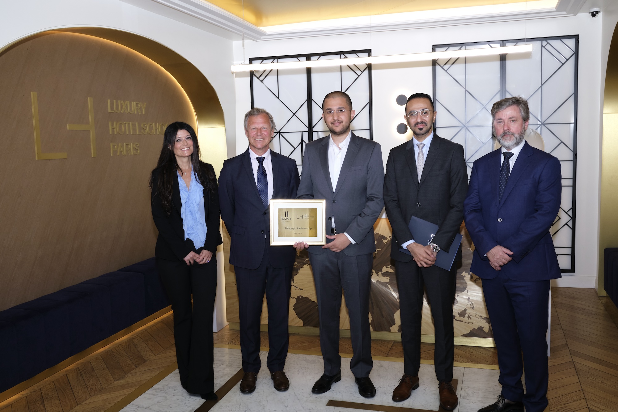 Photo caption (left to right): Marinella Amato, Head of Development & Partnerships of Luxury Hotelschool Paris; Olivier Deveaud, Chief Executive Officer of Luxury Hotelschool Paris; Mohammad Alathel, Chief Executive Officer of Amsa Hospitality; Mohamad Mandili, Chief People Officer of Amsa Hospitality; Jean-Axel Pasdeloup, Director of Luxury Hotelschool Paris.